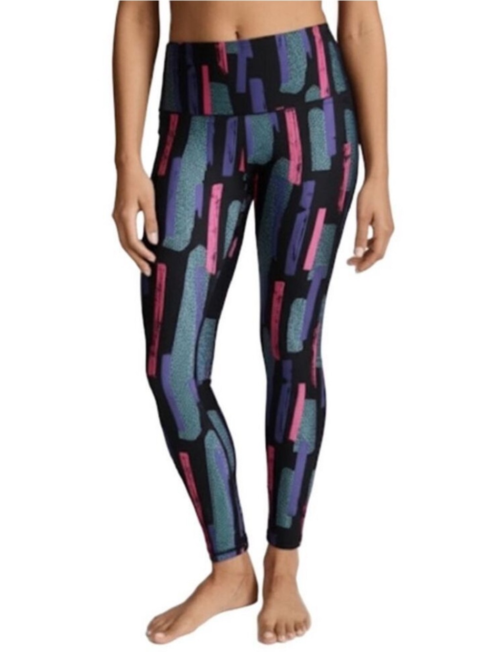 Reebok AOP Printed Leggings Black Pink Purple High Rise Speedwick Activewear XS
